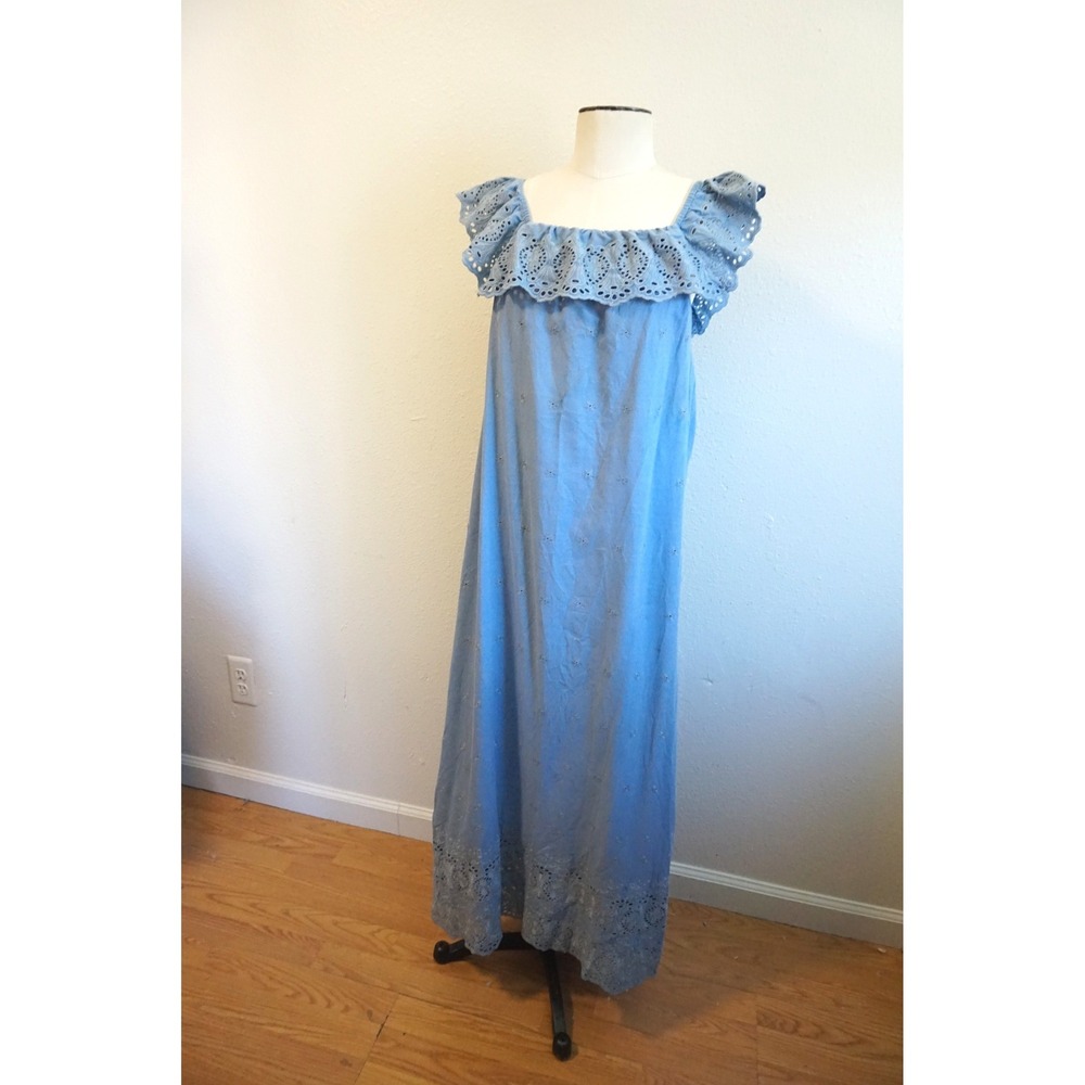 Christy Dawn Mairin‎ Eyelet Maxi Dress Cottagecore Prairie Boho Ruffle Blue OS